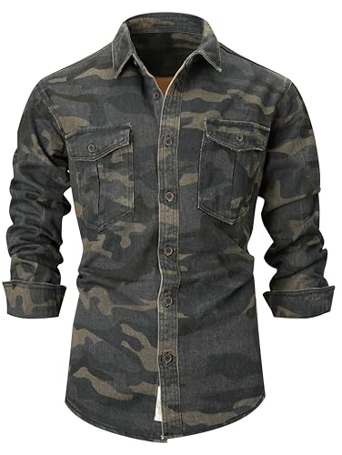 PAODIKUAI Camisa de Mezclilla de Camuflaje para Hombre, Estilo Militar, de Manga Larga, Informal, con Botones, Camou 3, Medium