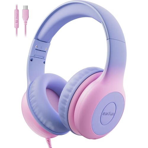 EarFun �q���p�w�b�h�t�H�� �L���}�C�N�t�� USB Type C �w�b�h�t�H�� �q���p 85/94dB ���ʐ��� �|�[�^�u���L���w�b�h�z�� Shareport�t�� �X�e���I�T�E���h �܂肽���ݎ��w�b�h�Z�b�g �w�Z/�^�u���b�g/PC/Kindle�p