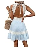 Floerns Women's Contrast Lace Sleeveless Halter Dress Backless Vacation A Line Dress Blue Striped Medium