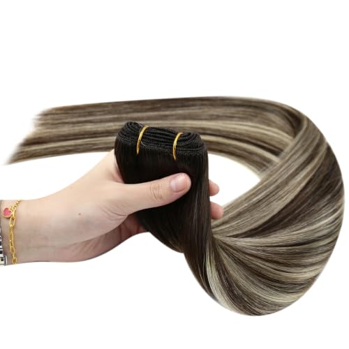 Image of Full Shine Invisible Weft Hair Extensions 18 Inch 105G Remy Straight Hair | Color 2 /60 /2 Dark Brown To Platinum Blonde Mix, Invisible Sew In, Party Styling, Photoshoot Looks, Add Volume