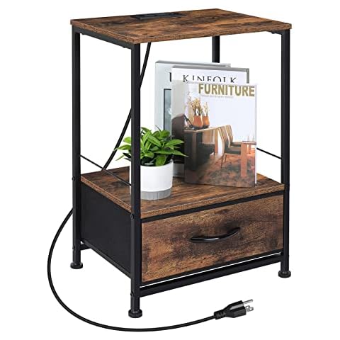 NORCEESAN Nightstand with Charging Station, End Table with USB Ports and Outlets 2 Tier Bedside Table with Fabric Drawer Cover