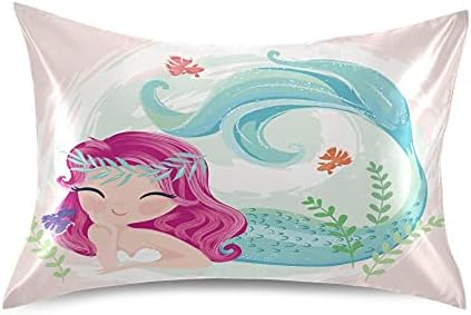 Dalzium Cute Mermaid Satin Pillowcase for Hair and Skin, Ocean Mermaid Girl Silk Pillow Case with Envelope Closure, Standard Size 20x26 inches, Pink, 1 PC