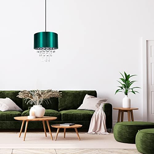 Modern and Eye-Catching Emerald Forest Green Satin Shimmer Fabric Pendant Light Shade with Hanging Transparent Acrylic Droplets | 30cm Diameter by Happy Homewares