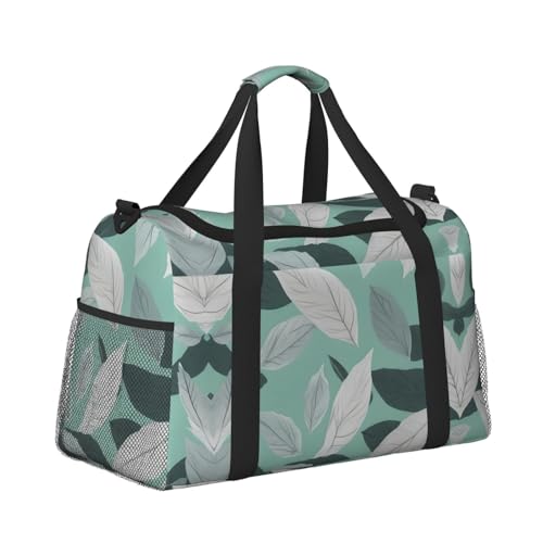 Mint Gray Leaves print Carry on Bag Underseat forTraveling Personal Item Bag Travel Duffel Bag Gym Bag for Women Men3