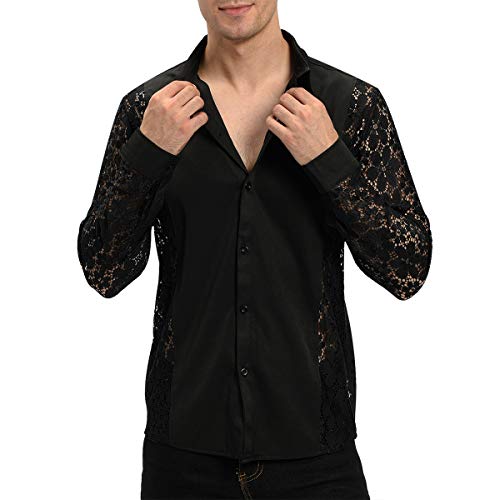 INVACHI Men's Sexy Lace See Through Shirts Blouse Long Sleeve Button Down Fishnet Sheer Shirts3