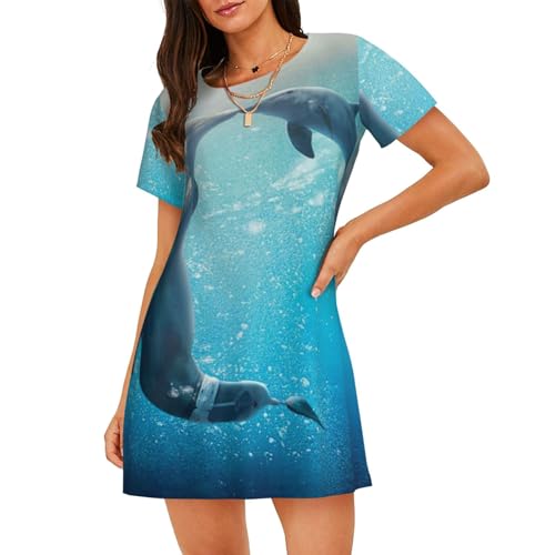 SMSJTMWHN Camicia da notte da donna a maniche corte invernale con stampa delfino morbida camicia da notte da donna, Nero , L