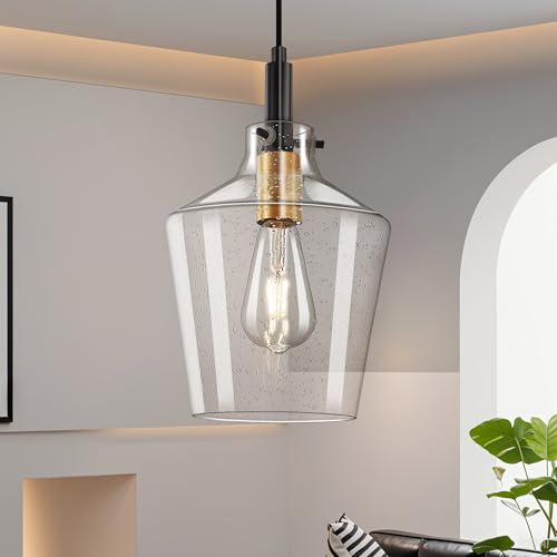 Image of Seeded Glass Pendant Lighting for Kitchen Island 1 Pack Black Gold 8 Inch | Adjustable cord Dimmable, E26 bulbs, Rust-resistant Damp Rated For Bathrooms, 5-Year Manufacturer Warranty, UL Certification