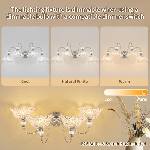 Image of Brushed Nickel Bathroom Vanity Light, 4-Light Vanity Light with Floral Clear Glass Shades, Brushed Nickel Wall Mount Lighting for Bathroom, Dressing Table