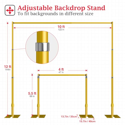 EMART Pipe and Drape Backdrop Stand Kit, 12ftx10ft Heavy Duty Adjustable Photo Background, Metal Frame with Flat Base for Wedding, Birthday Party, Banquet Decorations - Gold by EMART - Used condition - Image 4