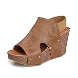  Minetom Sandalen Damen Keilsandalen Sandalette Keilabsatz Sommerschuh Bequem Wedge Schuhe Peep Toe Strandschuhe Plateauschuhe Römischer Plateau Sandalen High Heels B Khaki 42 EU