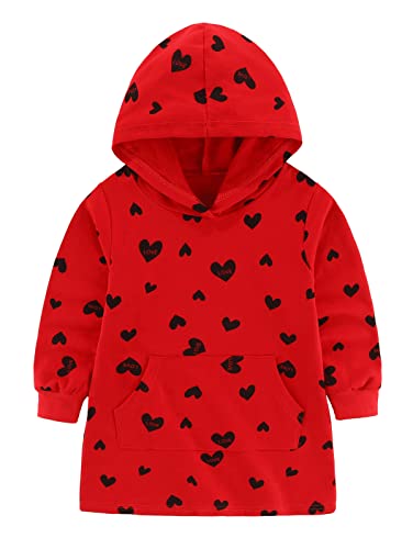 Bomdeals Valentines Day Toddler Girls Hoodies Sweatshirt - Child Allover Heart Sweater Long Kangaroo Pocket Jumper Sweatsuit(Red,130,1202B) #TOP11