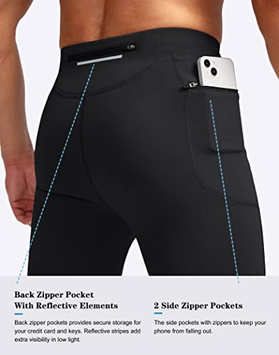 Pudolla Men's Thermal Running Tights With 3 Zipper Pockets Workout Compression Leggings Cycling Pants For Men Hiking Jogging(Black Large) #TOP2