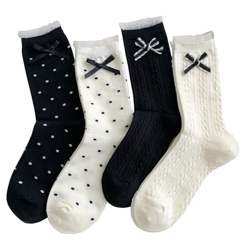 Image of Starella Women's Cute Bow Ruffle Frilly Socks Lace Polka Dot Casual Crew Sock for Flats 4 Pairs