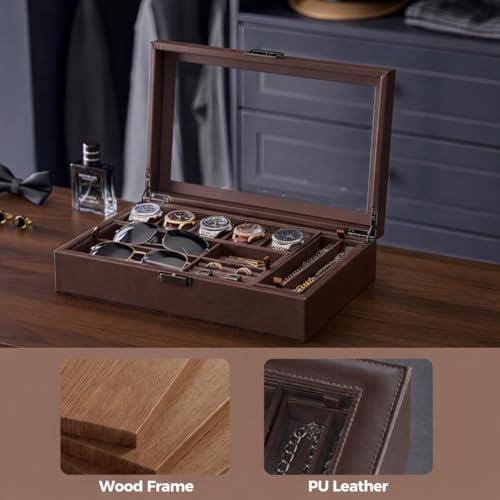 Boîte à Montres 5 Emplacements avec Vitre et Compartiments Multifonctions pour Accessoires
