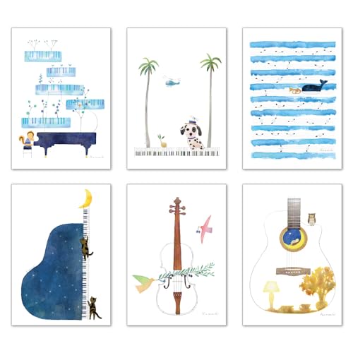 ポストカード6枚セット 山田和明 105×150mm 絵本作家 水彩画 郵便はがき 楽器柄 動物 コレクション 日本国内印刷 (YKY-SET7)