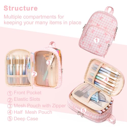 Image of LEDAOU Pencil Case Cute Zipper Pencil Pouch Large Capacity Pencil Bag Organizer School Supplies for Girls Boys Kids (Pink Checkered Bow)