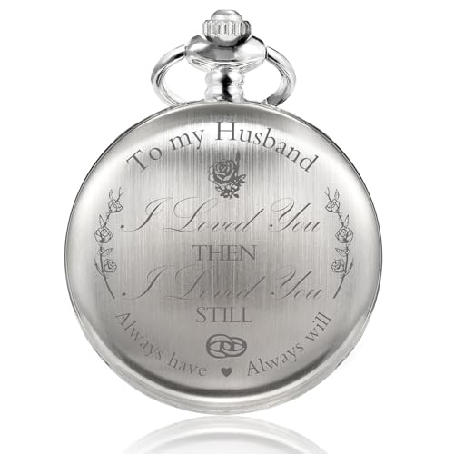 TREEWETO Pocket Watch Valentines Gift for Husband Gifts for Men Engraved to My Husband - Gift for Husband from Wife for Birthday Wedding Anniversary, Silver