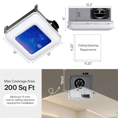 Image of Bathroom Exhaust Fan with Humidity Sensor, 230 CFM 1.0 Sone Ventilation Fan, 3 Dynamic Light and 3CCT Light (2700-4500-6500K), 11.22 inch x 11.22 inch Mount, Remote Control (Stellar Night)