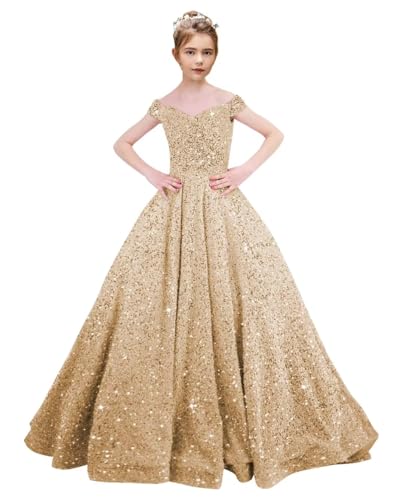 Off Shoulder Sequin Flower Girl Dresses for Wedding Sparkly Pageant Dresses Ball Gown Princess Kids Toddler Dress