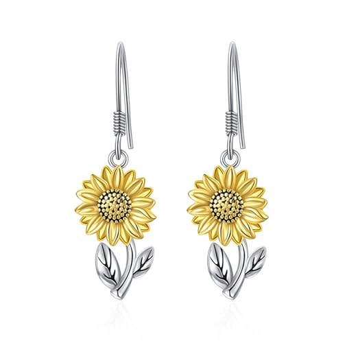 Handmade 3D Sunflower Daisy Flower Dangle Drop Earrings Vintage Silver Leaf Bohemian Little Daisy Flower Hook Earring for Women Cute Elegant Summer Boho Jewelry