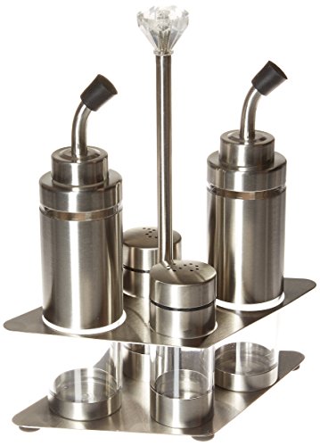 Francois et Mimi Stainless Steel and Glass Cruet Set, Oil and Vinegar Bottles, with Salt and Pepper Shakers and Rack