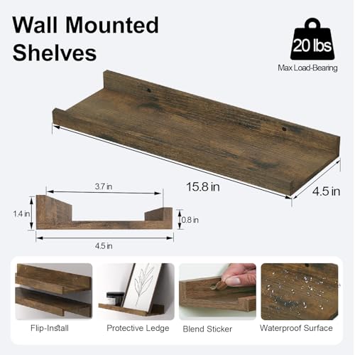 Image of Brown Floating Shelves for Wall Decor, 16 in Shelf with Lip Set of 2