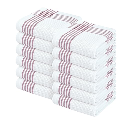 Image of Waffle White & Burgundy Wine Dish Towels Set of 12, 100% Cotton, 16x26 inches, Reusable Cleaning Cloths for Drying Dishes, Quick Dry Kitchen Towel, Durable for Heavy-Duty Use