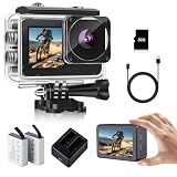 fceoul Cámara Deportiva 1080P FHD 16MP, Cámara Acuática con Doble Pantalla de 2' y 1.3', Sumergible 40M para Vlogging y Buceo, Incluye Tarjeta SD 32GB, 2 Baterías de 1050mAh y Accesorios（Negro）