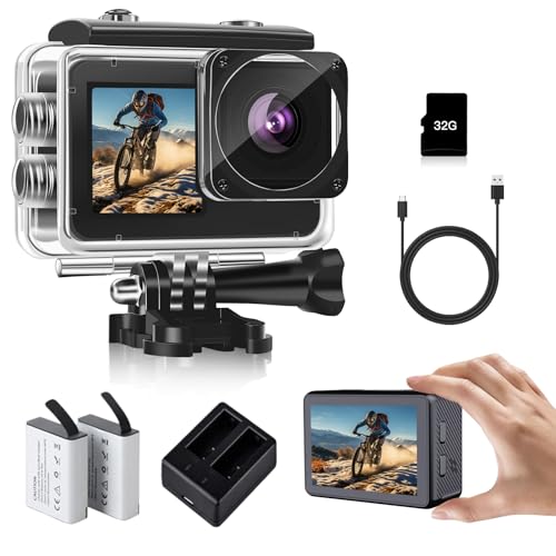 fceoul Action Cam 1080P FHD 16MP, Actionkamera mit Dual Screen 2' & 1.3', Wasserdicht 40M Unterwasserkamera für Vlog & Sport, inkl. 32GB SD-Karte, 2X 1050mAh Akkus & Zubehör(Schwarz)