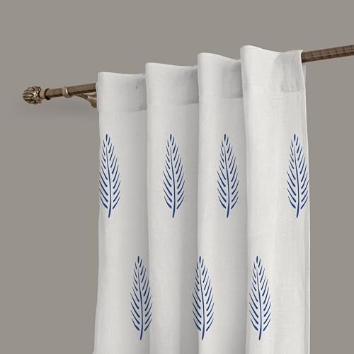Image of LINENWALAS Cotton Curtains Set Of 2, Canvas Window Curtains Home DaCor, Hangs Elegantly With Back Loops (4.5X5 Ft, Blue Leaf)(Lined)
