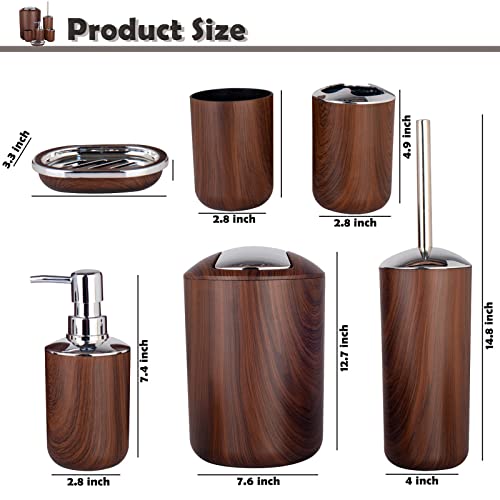 Bathroom Accessories Set 6 Piece Plastic Bath Ensemble Soap Dispenser Toothbrush Holder, Tumbler Soap Dish Soap Saver Trash Can Toilet Brush Holder Decorative Countertop Bathroom Accessoy Set (Brown) #TOP5