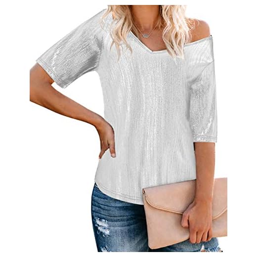 YOINS Sexig topp damer glitter toppar wetlook långärmad tröja för kvinnor t-shirt v-ringad klubbkläder festkläder läderlook, Kortarm-vit, S