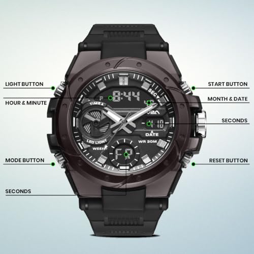 Image of V2A Styrke 5120 Analog Digital Watch for Men | Hybrid Multi Display Dial | Alarm Stopwatch Day Date 12 /24 Hr | TPU Strap | 30M Water Resistant | Gift for Mens