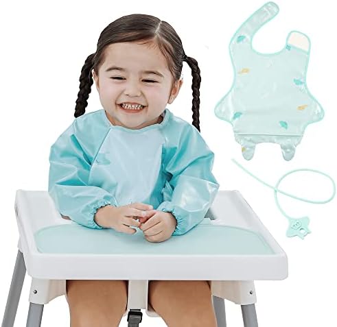 Papas Idea - Manta Coverall Baby Feeding Bib for First Eating, Long Sleeve Weaning BLW Bib & Mat for Toddlers, Catch All, Full Coverage Highchair, Waterproof, Mint Green