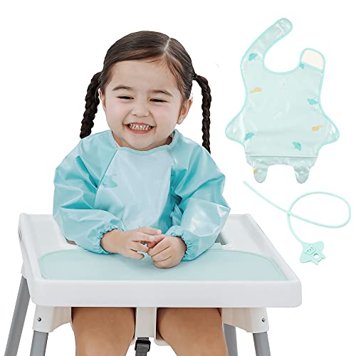 Papas Idea - Manta Coverall Baby Feeding Bib For First Eating, Long Sleeve Weaning Blw Bib & Mat For Toddlers, Catch All, Full Coverage Highchair, Waterproof, Mint Green #TOP2