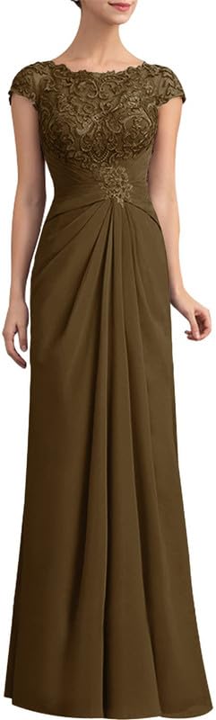 Mother of The Bride Dress Cap Sleeve Long Chiffon Lace Appliques Evening Formal Dress Scoop Neck Pleated Evening Gown