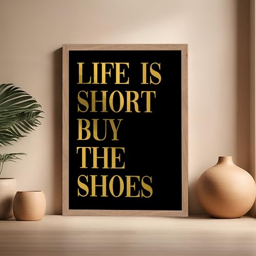 Image of Poster Master Life is Short Buy The Shoes Poster - Fashion Print - Positive Quote Art - Trendy Art - Gift for Women & Fashionista - Funny Wall Decor for Bedroom or Girls Room, 16x20 Beige Framed