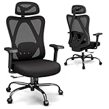 Keratee Ergonomic Office Chair with Adjustable Lumbar Support, High Back Mesh Computer Desk Chairs with 3D Headrest and Armrest, 360° Swivel Wheels and Rocking Function, for Home, Office, Black