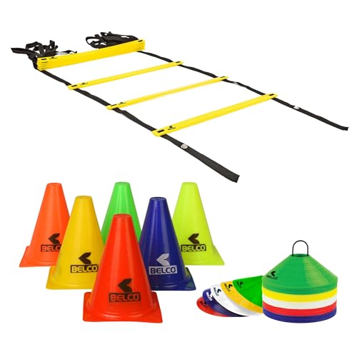 BELCO SPORTS PVC Cones, Pack 6, 10 Space Markers and Ladder Agility, 4 Meter Combos (Multicolour, 6 Inch)