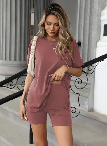 Image of Ekouaer Women's 2 Piece Lounge Set 2026 Summer Biker Shorts Set Outfits Short Sleeve Oversized Top Matching Tracksuit