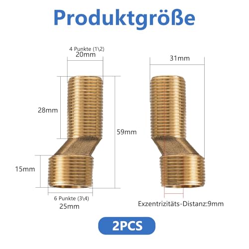 VZU 2 Stück Duscharmatur Adapter, 3/4 Zoll Auf 1/2 Zoll Messing S-Anschluss Versetzt Um 9 mm, Verstellbare Schwenkarm VerläNgerungsarm Lange wasserhahnanschlüsse Adapter