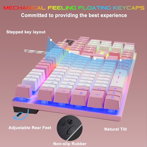 Image of BlueFinger RGB Gaming Keyboard and Backlit Mouse and Headset Combo, USB Wired Backlit Keyboard, LED Gaming Mouse Set, Headset with Microphone for Laptop PC Computer Game and Work (Pink & White)