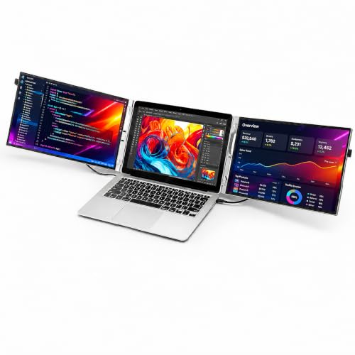 Image of 15 inch Portable Laptop Screen Extender Dual 1080P FHD Triple Monitor | Aluminum Alloy Casing, Tilt Adjustable Stand, Attachment, USB-C, HDMI for 13-16'' Laptops, Leather Case, No Driver
