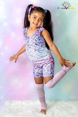 Funnycokid Girls Gymnastics Leotards with Shorts Sparkle Dance Unitards Mermaid Active Biketards 2-10 Years