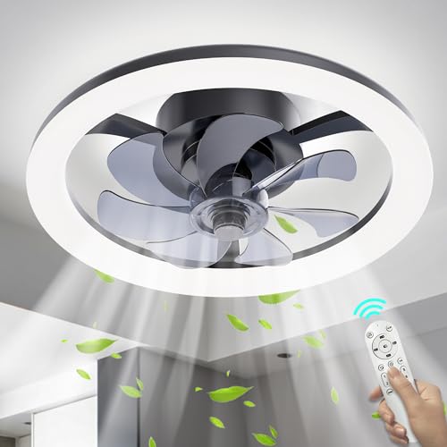 COCOSTAR Ceiling Fans with Lights,Low Profile Ceiling Fans with Lights and Remote, 16in Flush Mount Ceiling Fan with Light,Black Bladeless Ceiling Fans with Lights for Bedroom