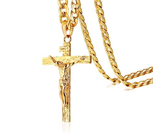 MEALGUET - Collar con Colgante de Cruz de Acero Inoxidable con diseño de Jesús Inri, de Jesús Católico, para Hombres y Mujeres, Cadena de 50 cm, Chapado en Oro