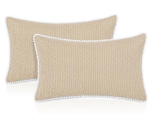 Image of mosey Rectangle Cushion Covers 12x18 | Set of 2 | 100% Cotton | Lumbar Cushion Covers | Retangular Cushion Covers 12 inch x 18 inch Taupe