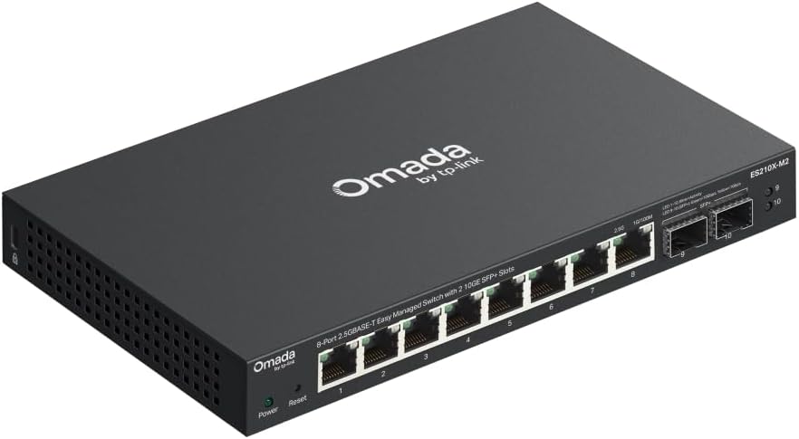 TP-Link Omada 8 Port 2.5G Switch, Easy Managed, 2*10G SFP+, VLAN, Auto Loop Prevention, IGMP Snooping, Fanless, Managed by Omada, Durable Metal w/ Shielded Ports(ES210X-M2)