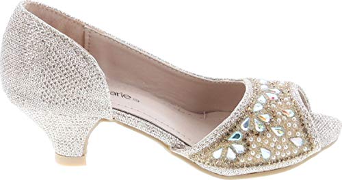 Bella Marie Fashion Truly-8 Rhinestones Kids Peep Toe Slip On Girls Kitten Heels Sandals Dress Shoes,Champagne,13 #TOP5