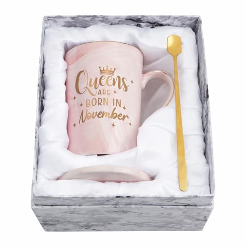 YHRJWN Birthday Gifts for Women, November Birthday Gifts for Women, Gifts for Women Friends BFF Sister Wife, Scorpio Sagittarius Zodiac Gifts, Queens Are Born in November Mug, 14 Oz with Gift Box
